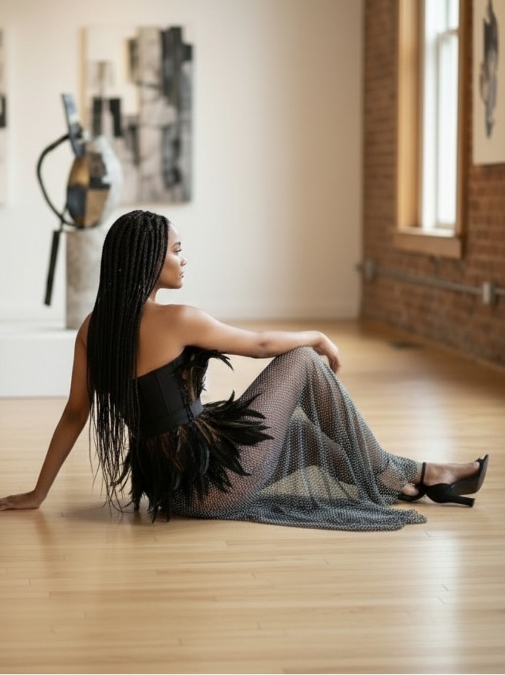 NovaLuxe Feather Corset Dress Sheer Mesh Maxi Glam  Birthday Photoshoot - Picture 5 of 8